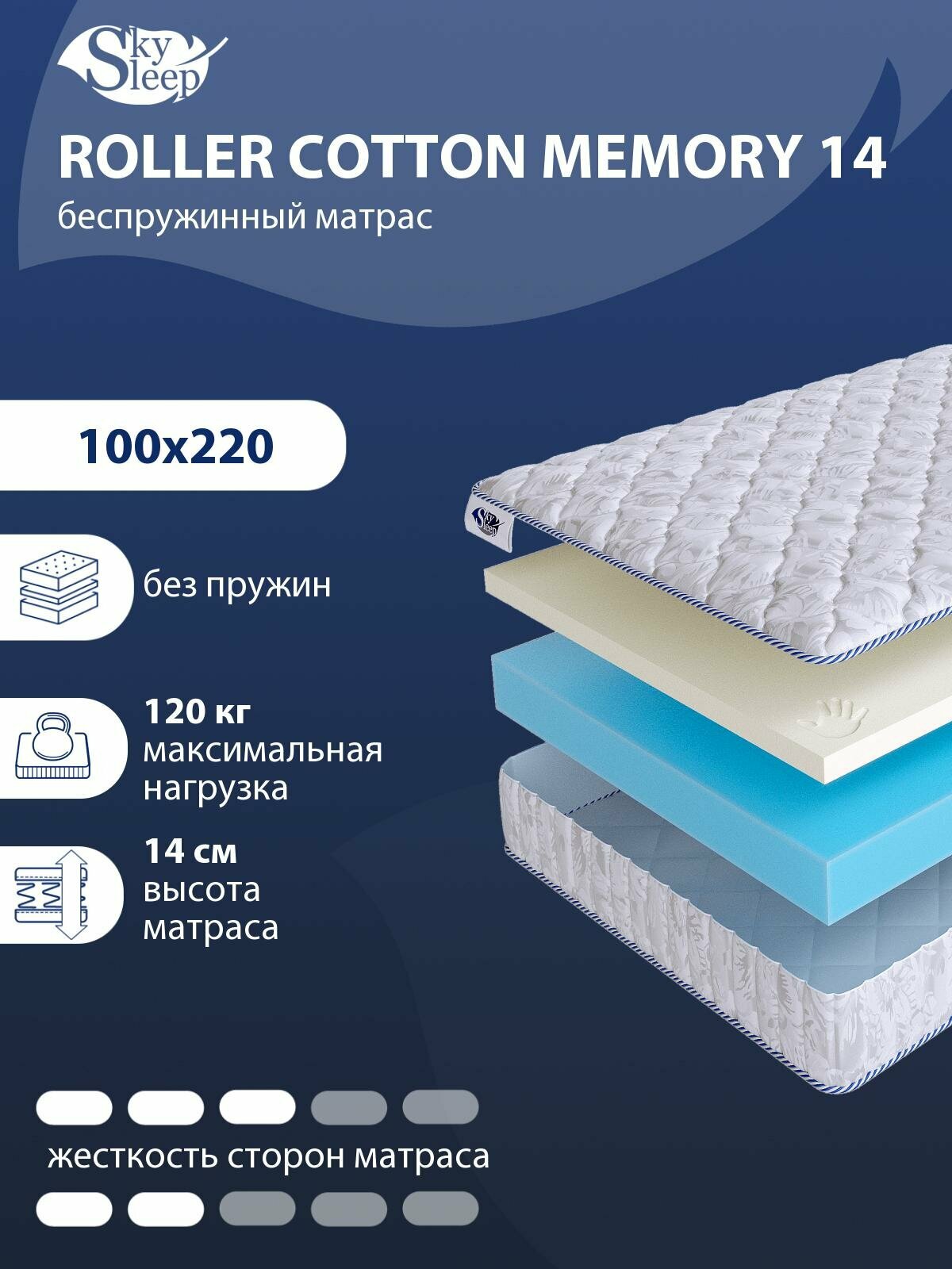 Беспружинный ортопедический матрас SkySleep FLEX Plus Memo 14 на диван кровать 100x220