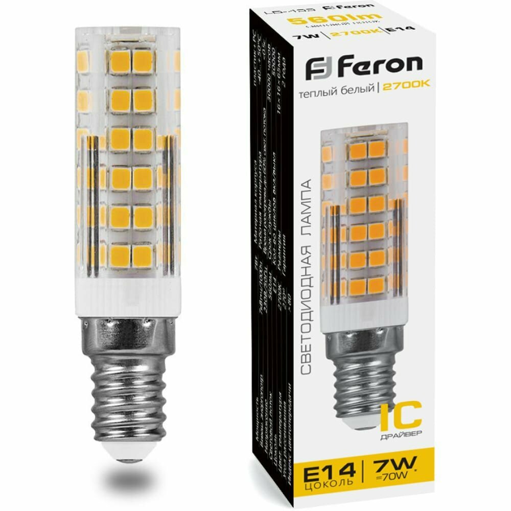 FERON Лампа светодиодная, 7W 230V E14 2700K, LB-433 25898