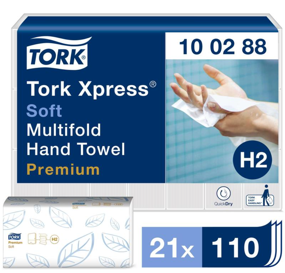 Полотенца бумажные Tork H2 Premium 100288 двухслойные, 1 упаковка - 21 пачка по 110 листов