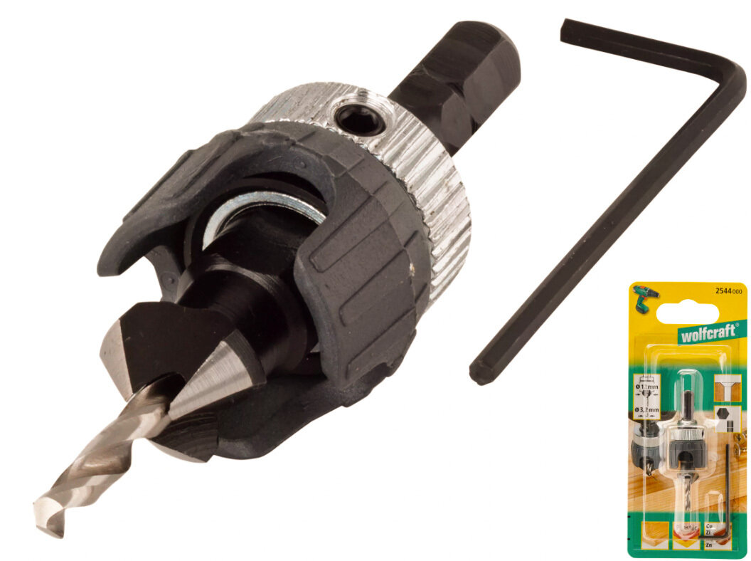 фото Сверло по дереву с зенкером и ограничителем глубины Wolfcraft диам. 3.2-12мм