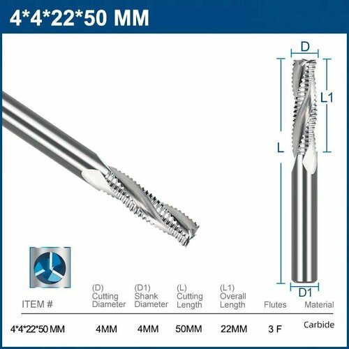 Фреза спиральная трехзаходная со стружколомом по дереву XCAN HSS, 4х4х22х50 мм