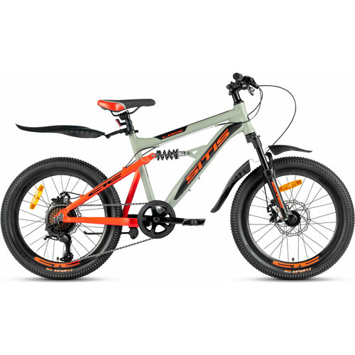 Велосипед детский горный SITIS LOCK 20 (2023) двухподвес для детей от 6 до 8 лет алюминиевая рама с крыльями, подножкой, 7 скор, дисковые механические, серый/красный/черный цвет, рост 120-135