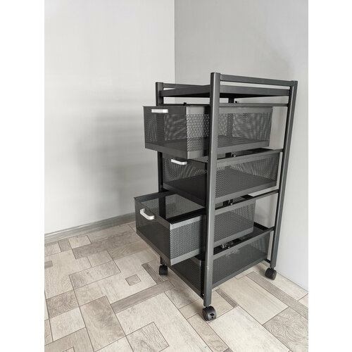 Этажерка металлическая 4-х ярусная 31*41*73 см на колесах выдвижные корзины черный Baizheng