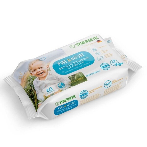 Влажные салфетки Synergetic "Pure & Nature", для детей, Пантенол и овсяное молочко, 60 шт