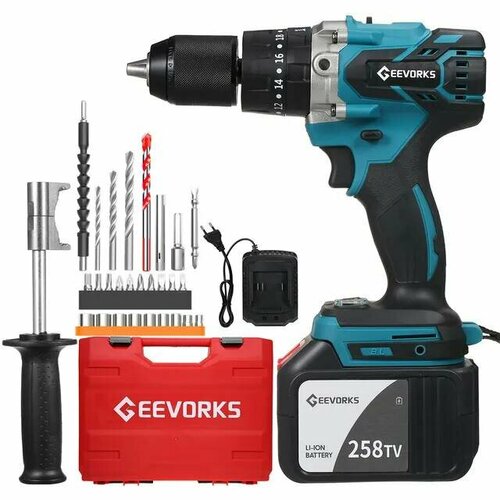 Аккумуляторная электрическая дрель-шуруповерт Geevorks 200 Нм АКБ 60 АН в чемодане с набором бит сверл торцевых головок и угловым адаптером 951000₽