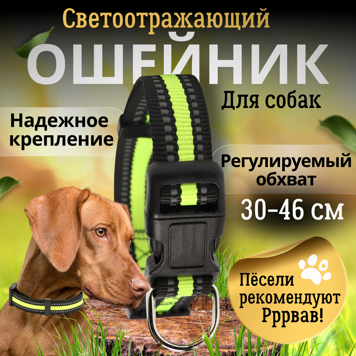 Ошейник для собак со светоотражающей полоской для ежедневного использования, для собак средних пород и щенят, зеленый, размер М