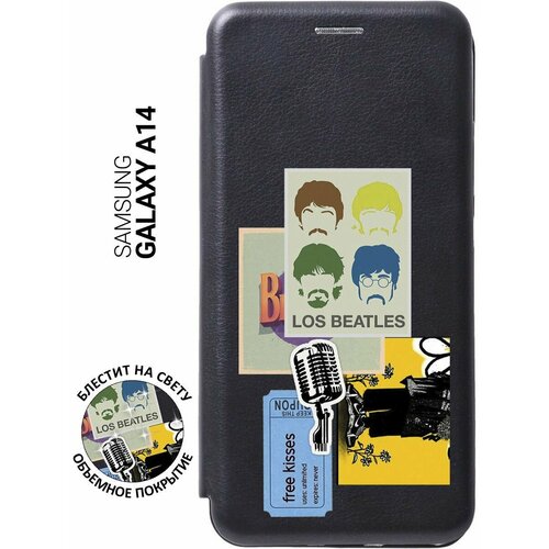 Чехол-книжка на Samsung Galaxy A14, Самсунг А14 с 3D принтом Beatles Stickers черный чехол книжка на samsung galaxy a14 самсунг а14 с 3d принтом yuri gagarin stickers черный
