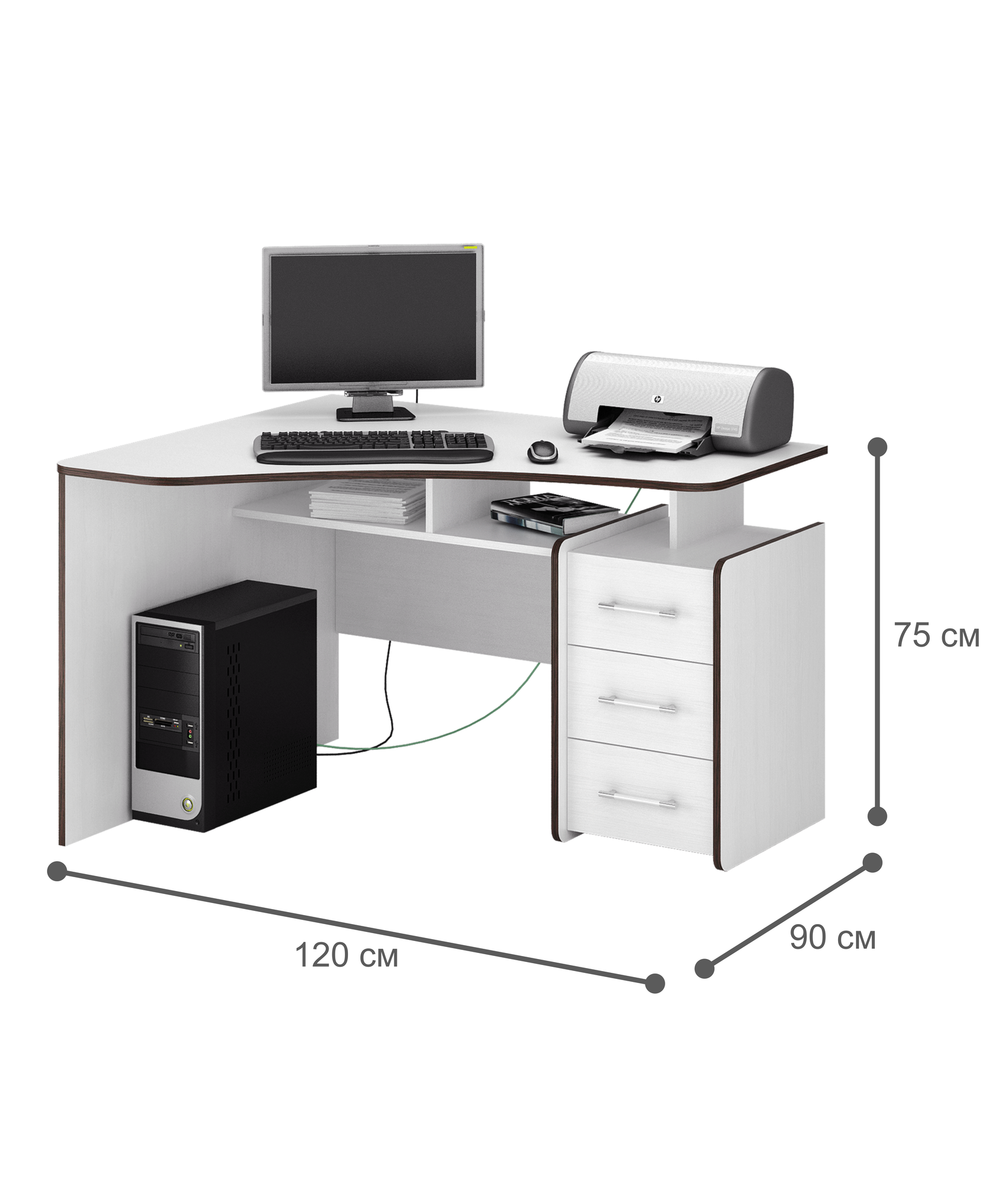 Угловой компьютерный стол с ящиками для хранения "Триан-5" 75х120х90 см, белый