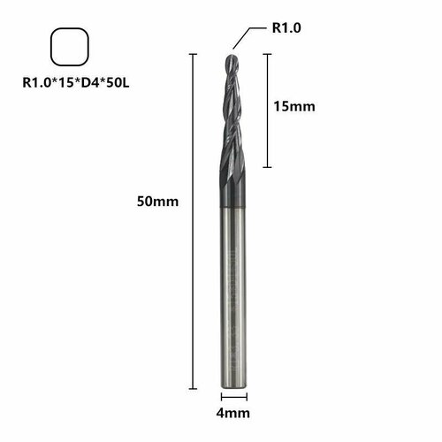 Фреза спиральная двухзаходная конусная сферическая XCAN 1,0х15х4х50 мм, покрытие TiALN фреза спиральная двухзаходная сферическая xcan 6xr1 0х20х50 мм покрытие tialn