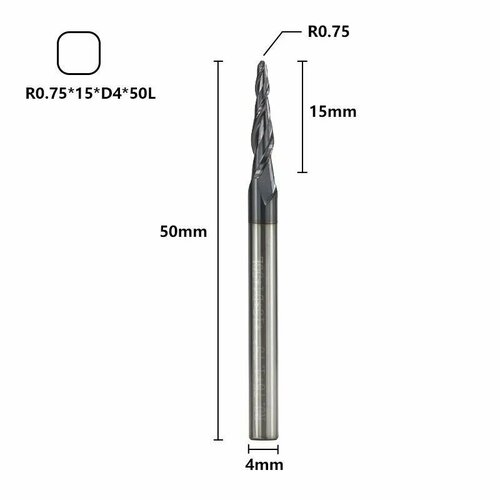 Фреза спиральная двухзаходная конусная сферическая XCAN 0,75х15х4х50 мм, покрытие TiALN