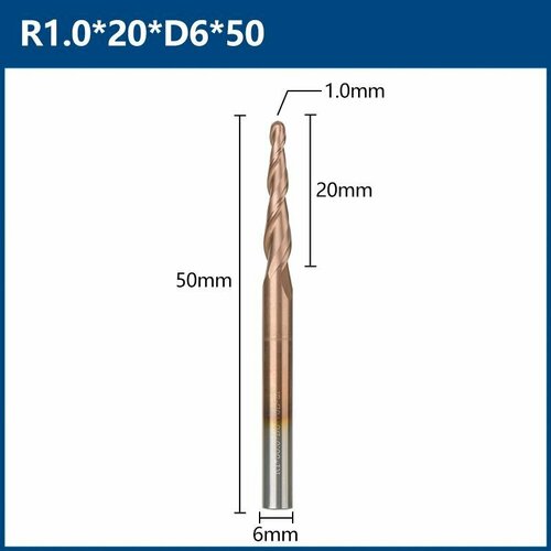 Фреза спиральная двухзаходная сферическая XCAN 6хR1,0х20х50 мм, покрытие TiCN фреза спиральная двухзаходная конусная сферическая xcan 1 0х30 5х6х75 мм покрытие ticn