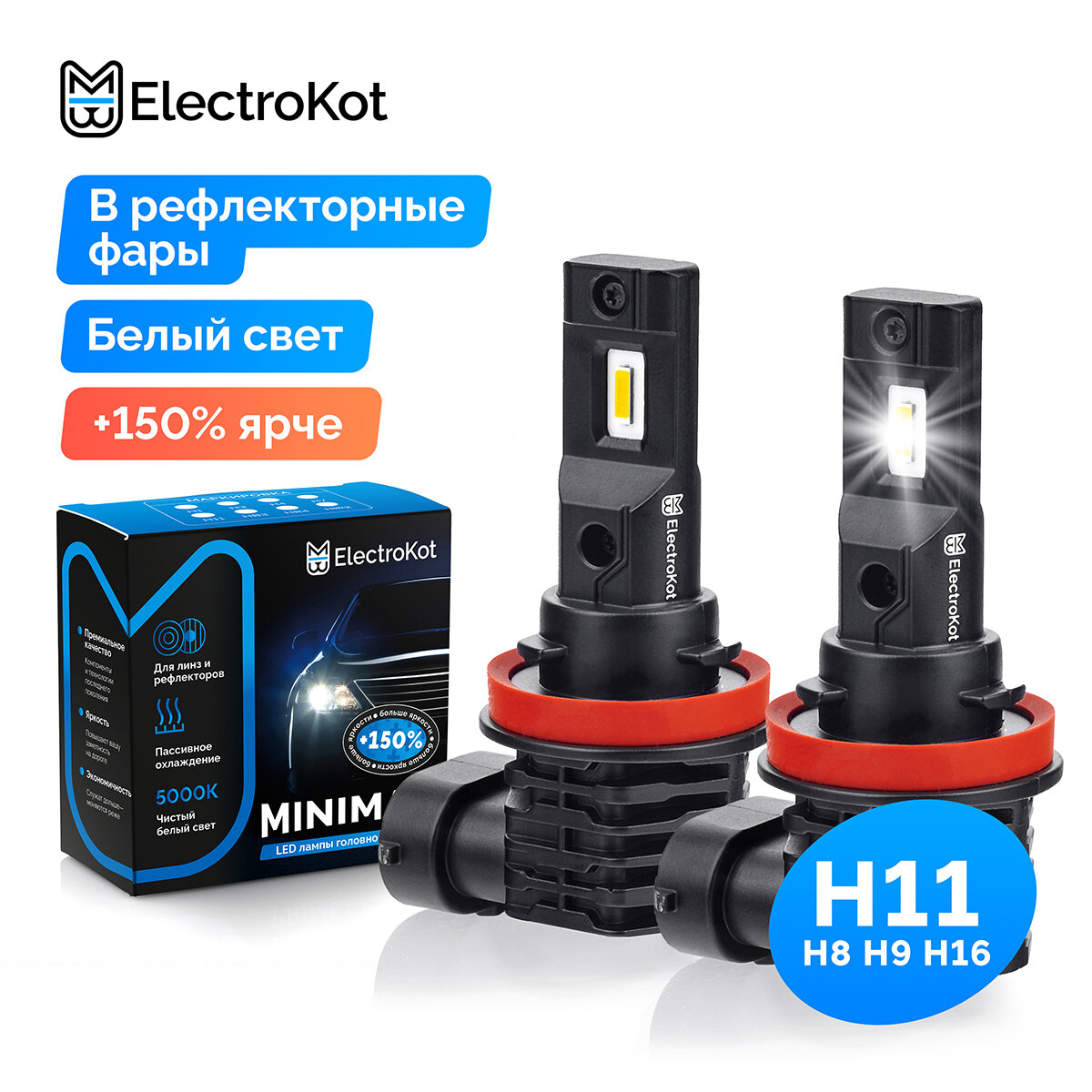 Светодиодные лампы для авто ElectroKot MiniMax H11-H8-H9-H16jp белый свет 5000K 2 шт