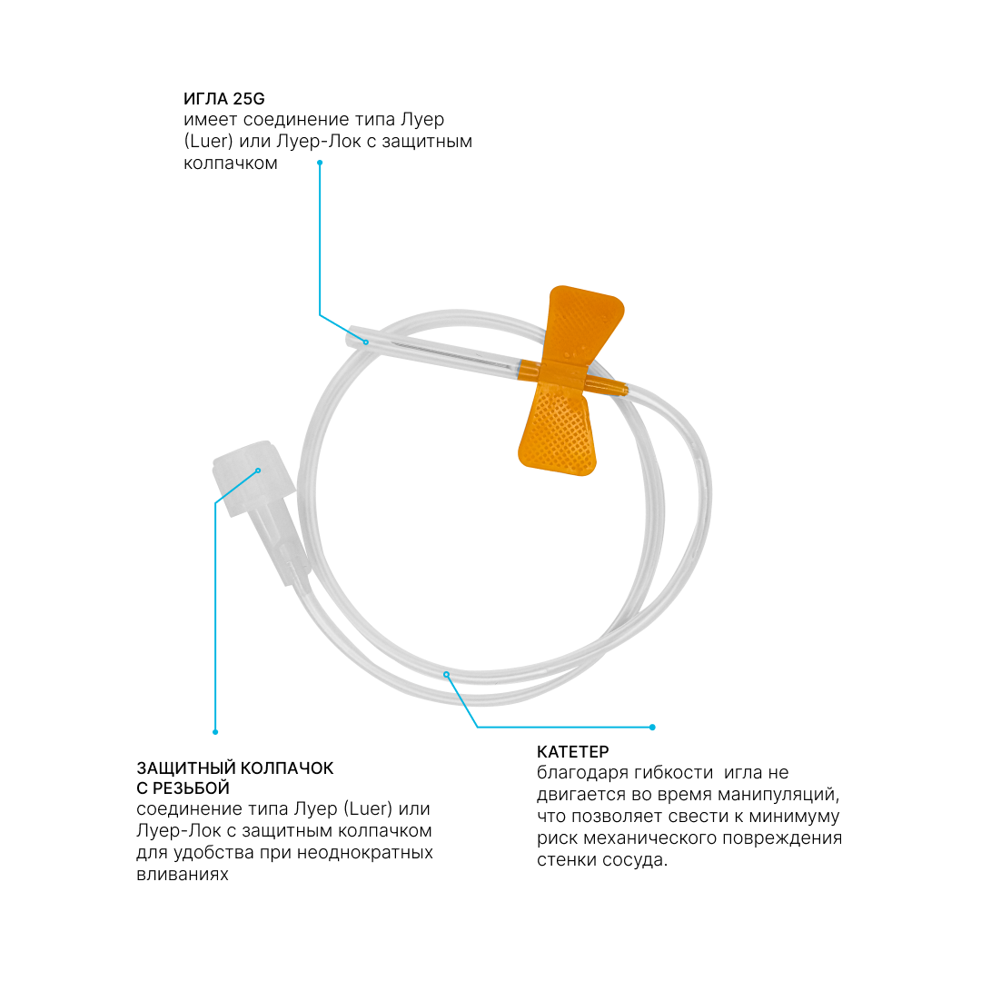 Игла бабочка для вливания крови 25G (05х19мм), с катетером, 10шт.