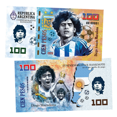100 PESOS (песо) - Аргентина. Марадона Диего Армандо(Diego Armando Maradona). Памятная сувенирная банкнота