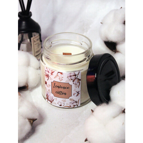 Свеча ароматическая с деревянным фитилем Cherriess - Мягкий хлопок, 200 мл.