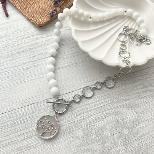 Колье Miss M, агат, длина 44 см, серебряный, белый