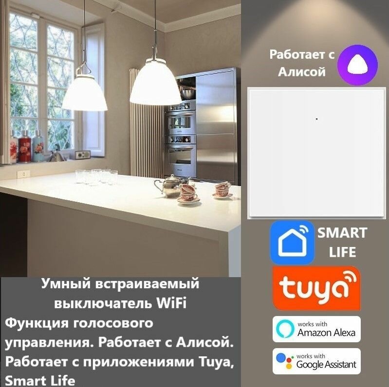 Умный выключатель Tuya с Алисой WI FI, Bluetooth с одной клавишей белый матовый универсальный с конденсатором в комплекте