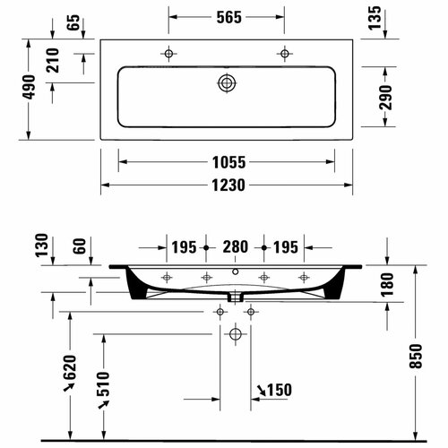 Умывальник DURAVIT ME by Starck 1230х490 2 отверстия под смеситель, перелив 2361120024