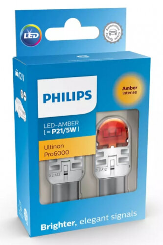 Лампа автомобильная Philips Ultinon Pro6000 P21/5W 12V-LED (BAY15d) Amber 2.5/0.5W, 2шт, 11499AU60X2