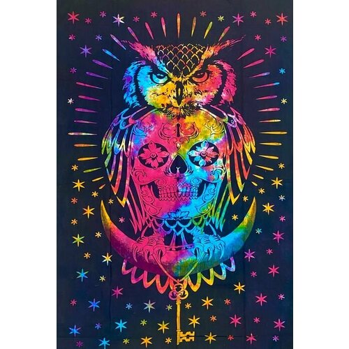 Гобелен хлопковый панно покрывало из Индии разноцветный Сова 210см на 140см 20 1500₽