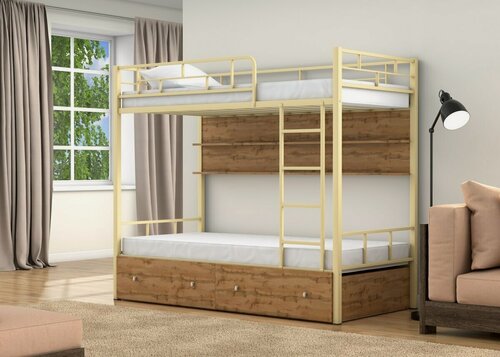 Изображение товара Двухъярусная кровать "Валенсия" Слоновая кость с ящиками и полками Дуб крафт табак