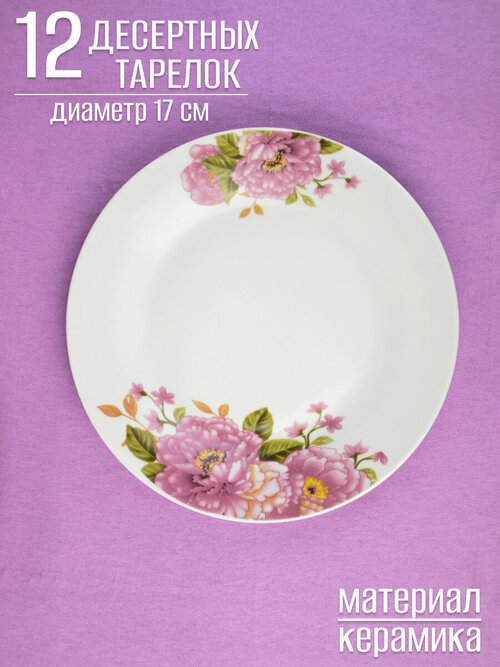 Набор тарелок, 12 шт / Тарелка десертная, 17 см, Шиповник, ТМ BONAFFINI