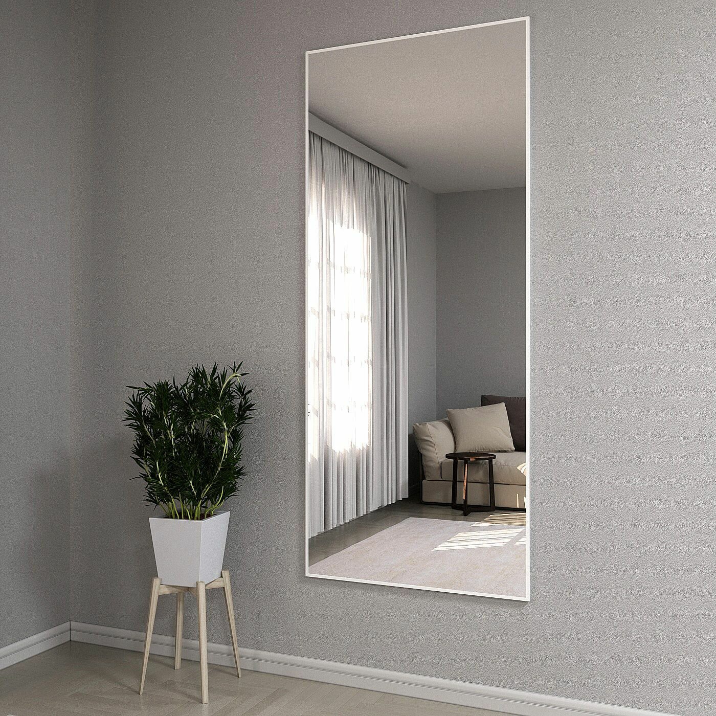 Зеркало настенное в алюминиевой раме ALUMIRROR, 200х80 см. Цвет: Белый - фотография № 3