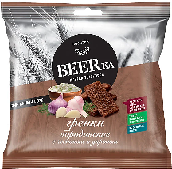 Beerka, сухарики со вкусом чеснока с укропом и сметанным соусом, 85 г