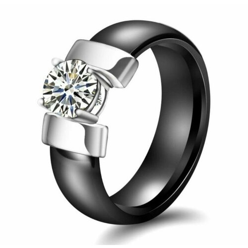 фото Кольцо, керамика, циркон, фианит, размер 17, черный, серебряный napela