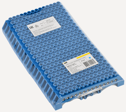 Изображение товара Шина N "ноль" IEK ШНИ-8х12-14-КС-С, латунь, 125А, 400В, 14 контактов, сечение 8х12, синий цвет