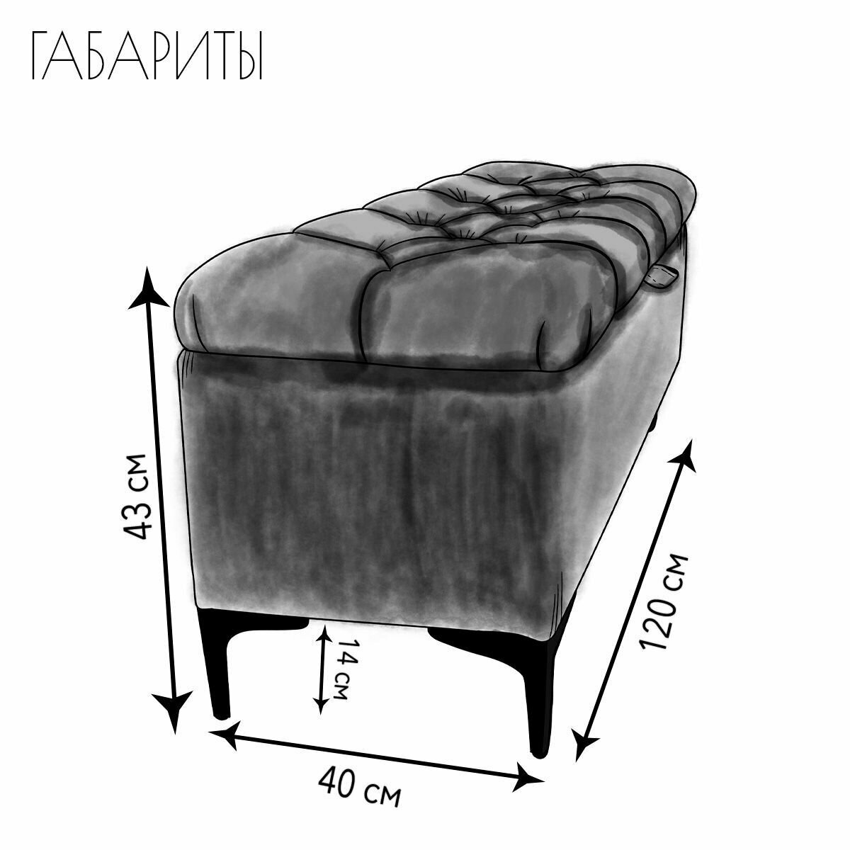 Пуфик банкетка "Лонг" с ящиком для хранения/ Велюр/Серый/ 120x40x43 (см)