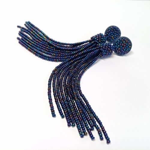 Серьги двусторонние GulNara, бисер, размер/диаметр 100 мм, синий