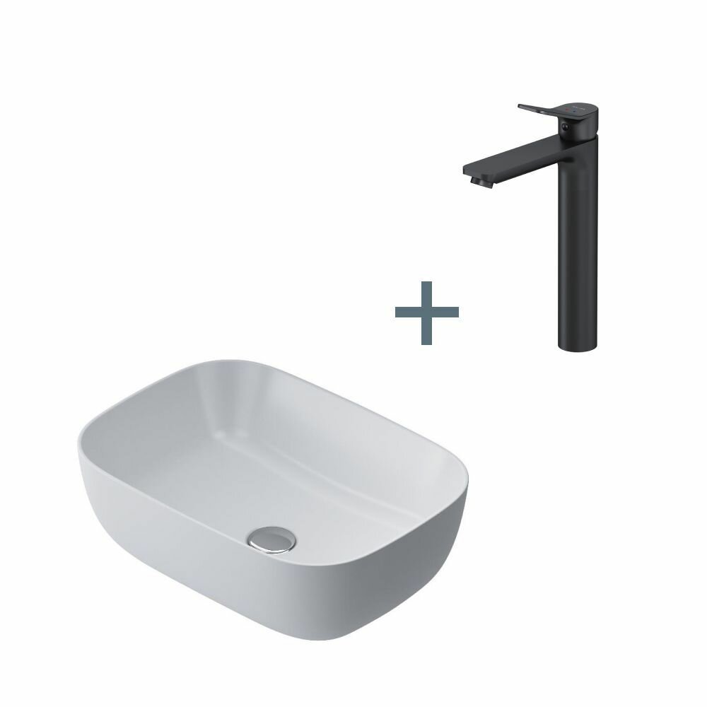 Раковина для ванной AM.PM Func накладная со смесителем X-Joy черный, 45 см, на столешницу, прямоугольник, фарфор, белый глянец, гарантия 25 лет