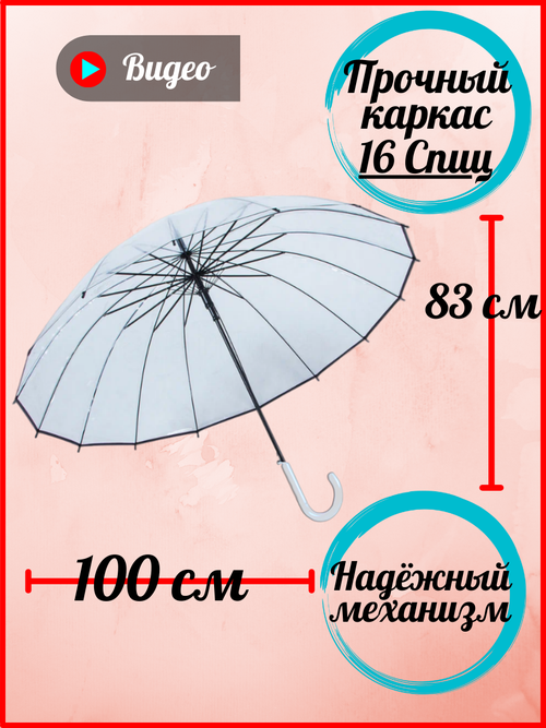 Зонт-трость полуавтомат, 2 сложения, купол 100 см, 16 спиц, прозрачный, чехол в комплекте, для женщин, белый