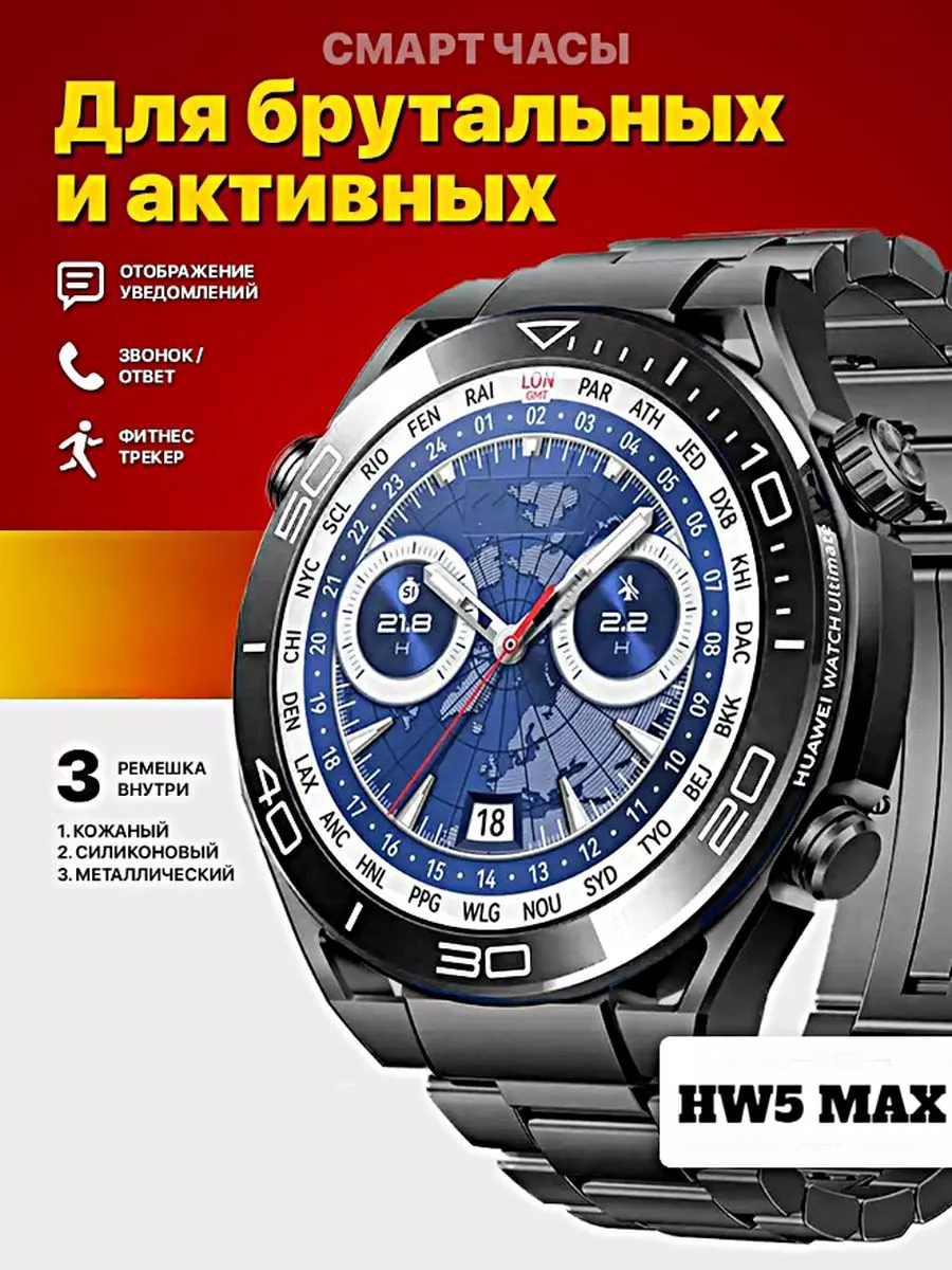Смарт часы HW5 MAX PREMIUM Series Smart Watch iPS, 3 ремешка, iOS, Android, Bluetooth звонки, Уведомления, Черные