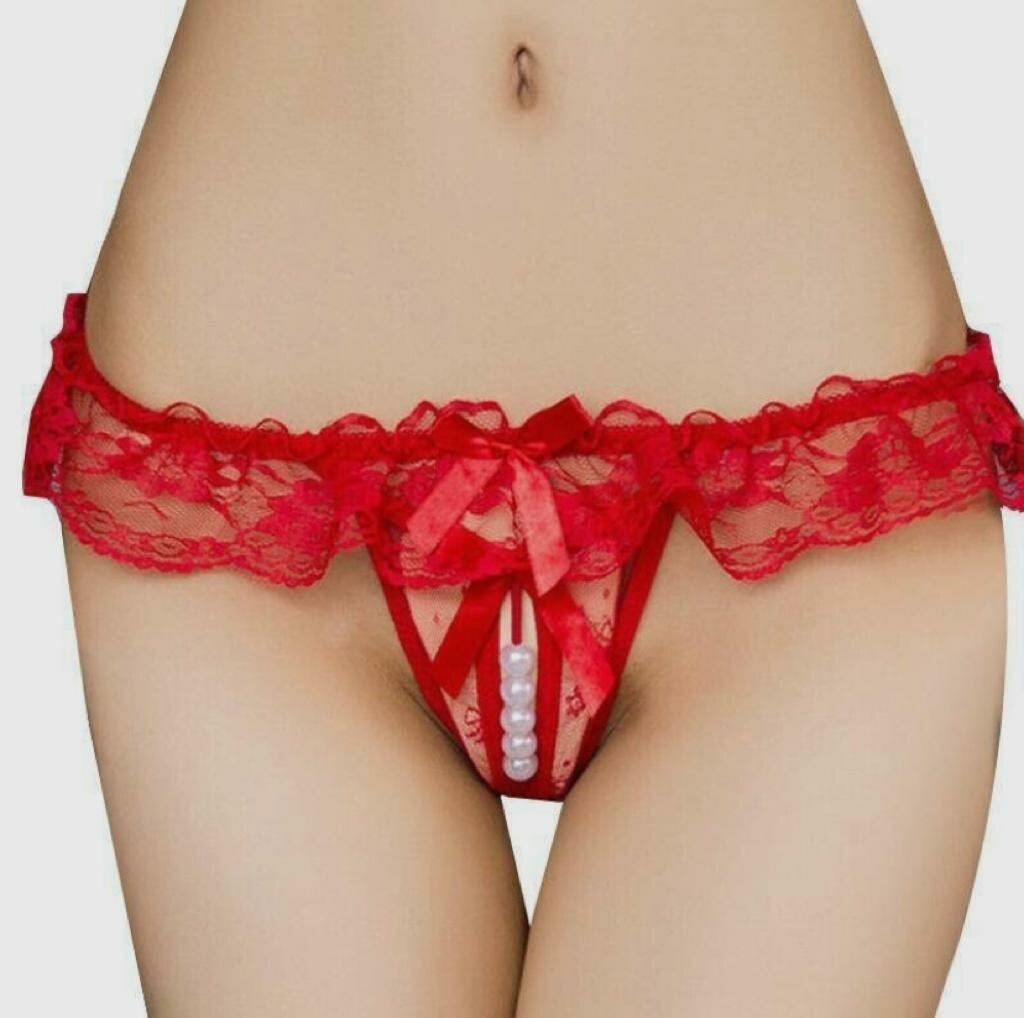 Трусы. Красные трусики-стринги с бантиком и бусинками, женские, универсальные, размер 40-48 в подарочной упаковке.
