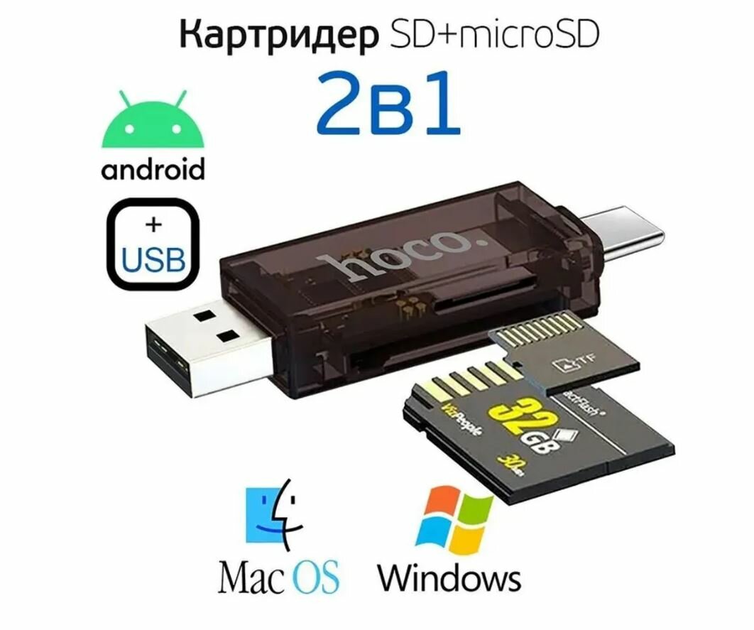 Универсальный картридер для SD/MicroSD карт с двумя входами и двумя выходами Type-C USB