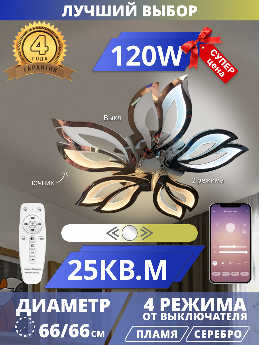 фото Светодиодная люстра Лотус с музыкальной колонкой, LED120W. Фиалка. Управление со смартфона и пульта