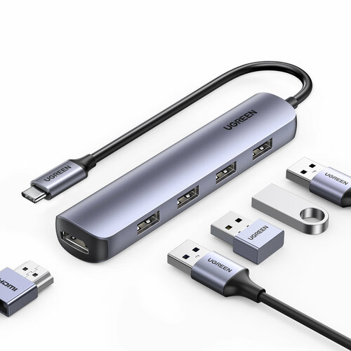 USB-Хаб Ugreen CM417 USB-C 3.0 х 4 + HDMI, цвет серый (20197) ugreen usb концентратор 8 9 10 в 1 для macbook usb hab хаб ugreen hub