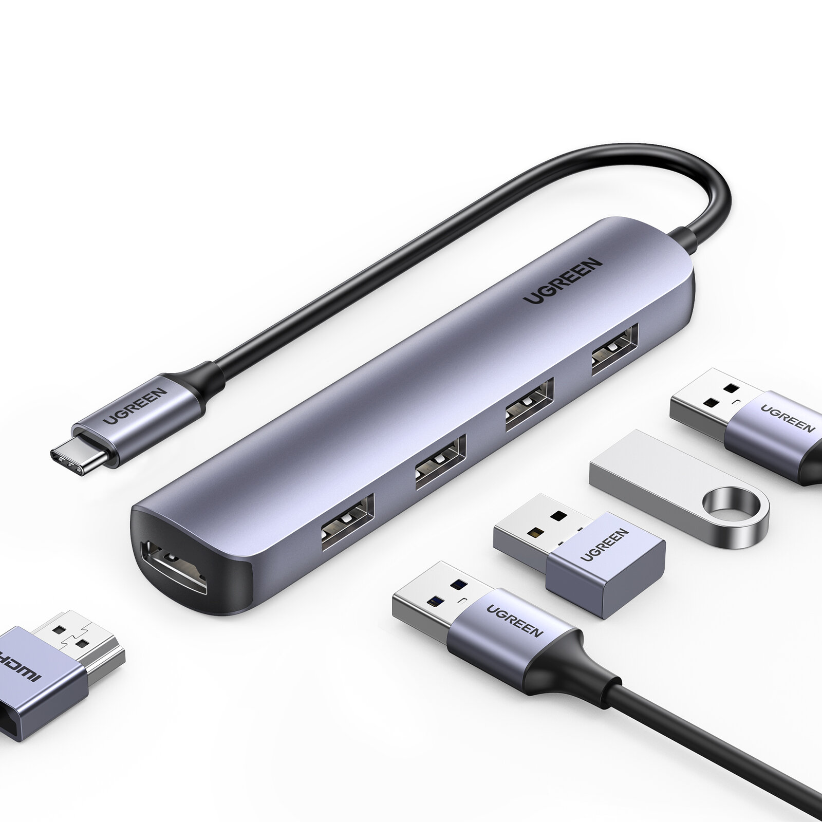 USB-Хаб Ugreen CM417 USB-C 3.0 х 4 + HDMI цвет серый (20197)