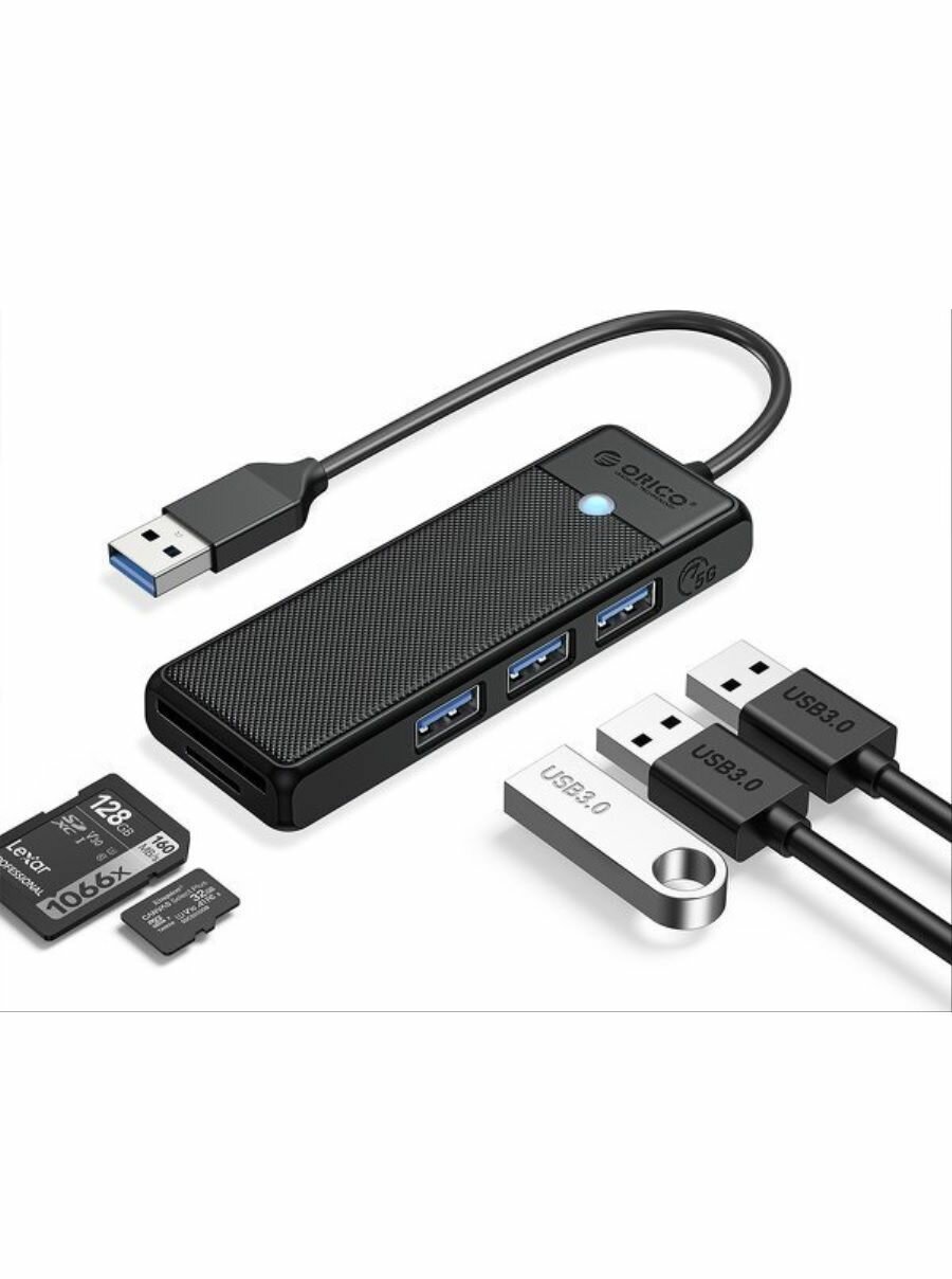 Концентратор ORICO USB-A с 3x USB-A слотом для SD и Micro SD черный (ORICO-PAPW3AT-U3-015-BK-EP)