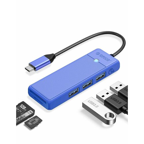 Концентратор ORICO USB-C с 3x USB-A, слотом для SD и Micro SD, синий (ORICO-PAPW3AT-C3-015-BL-EP)