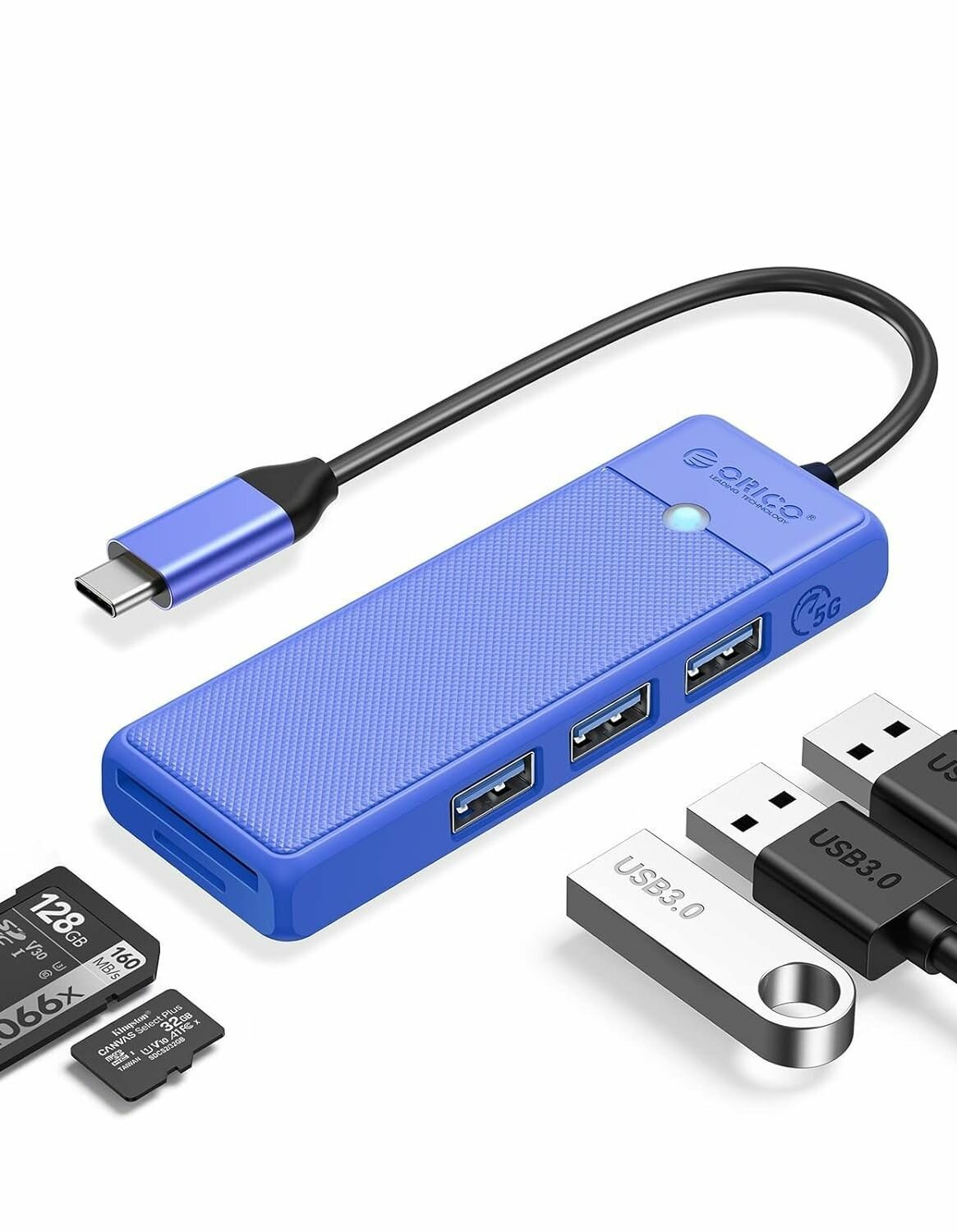 Концентратор ORICO USB-C с 3x USB-A, слотом для SD и Micro SD, синий (ORICO-PAPW3AT-C3-015-BL-EP)