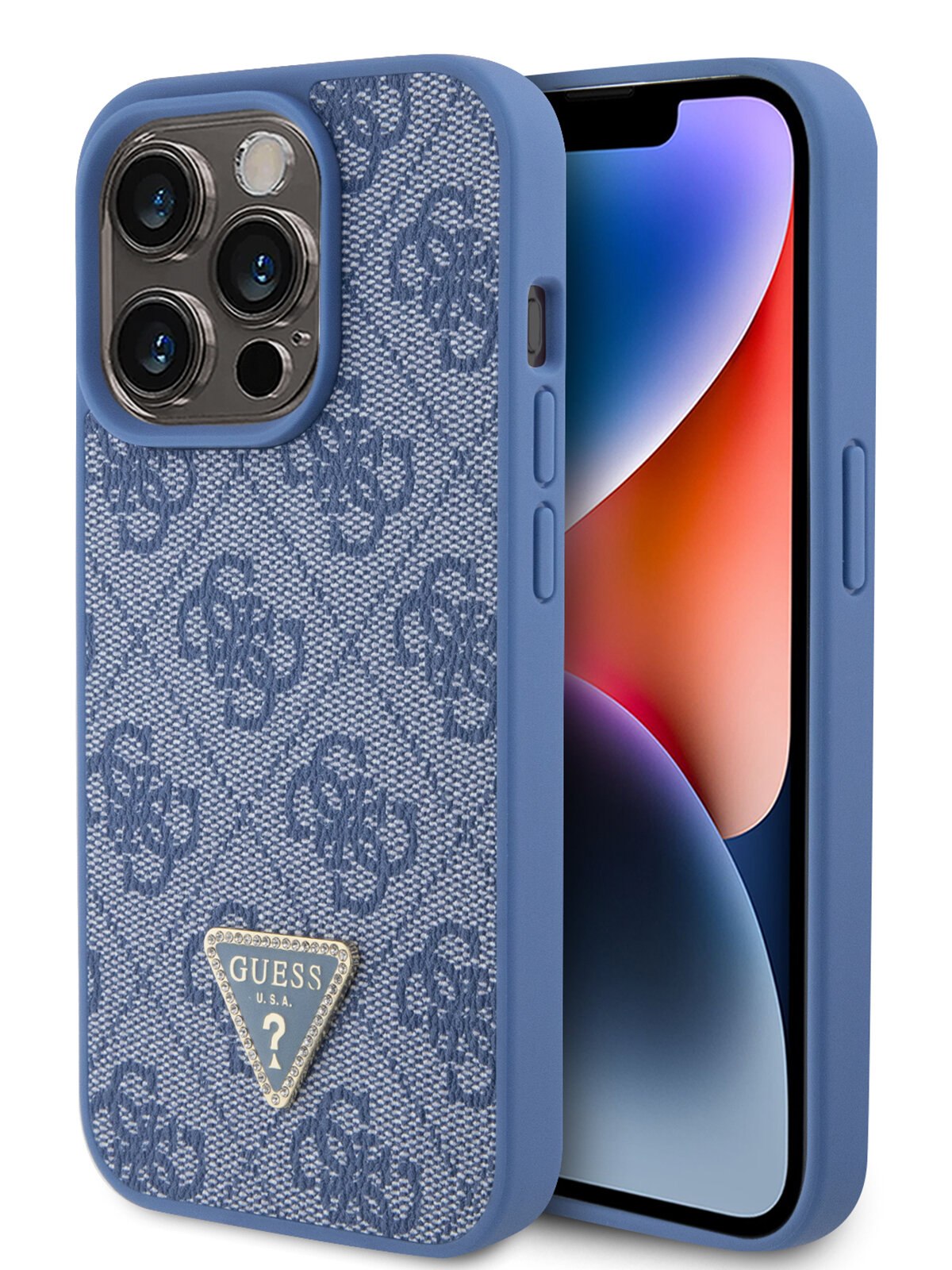 Guess для iPhone 15 Pro чехол PU 4G Triangle Diamond metal logo Hard Blue — фото 1