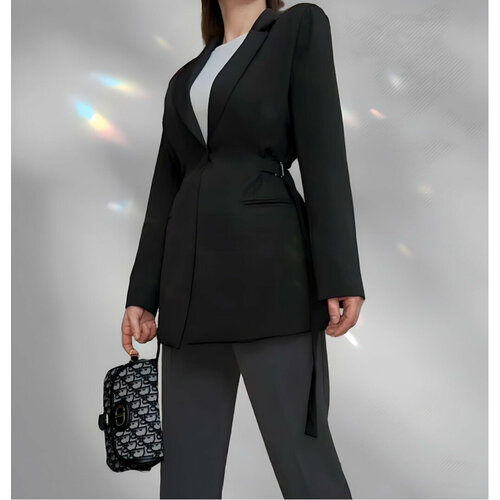 Пиджак , средней длины, силуэт полуприлегающий, с поясом, размер M, черный