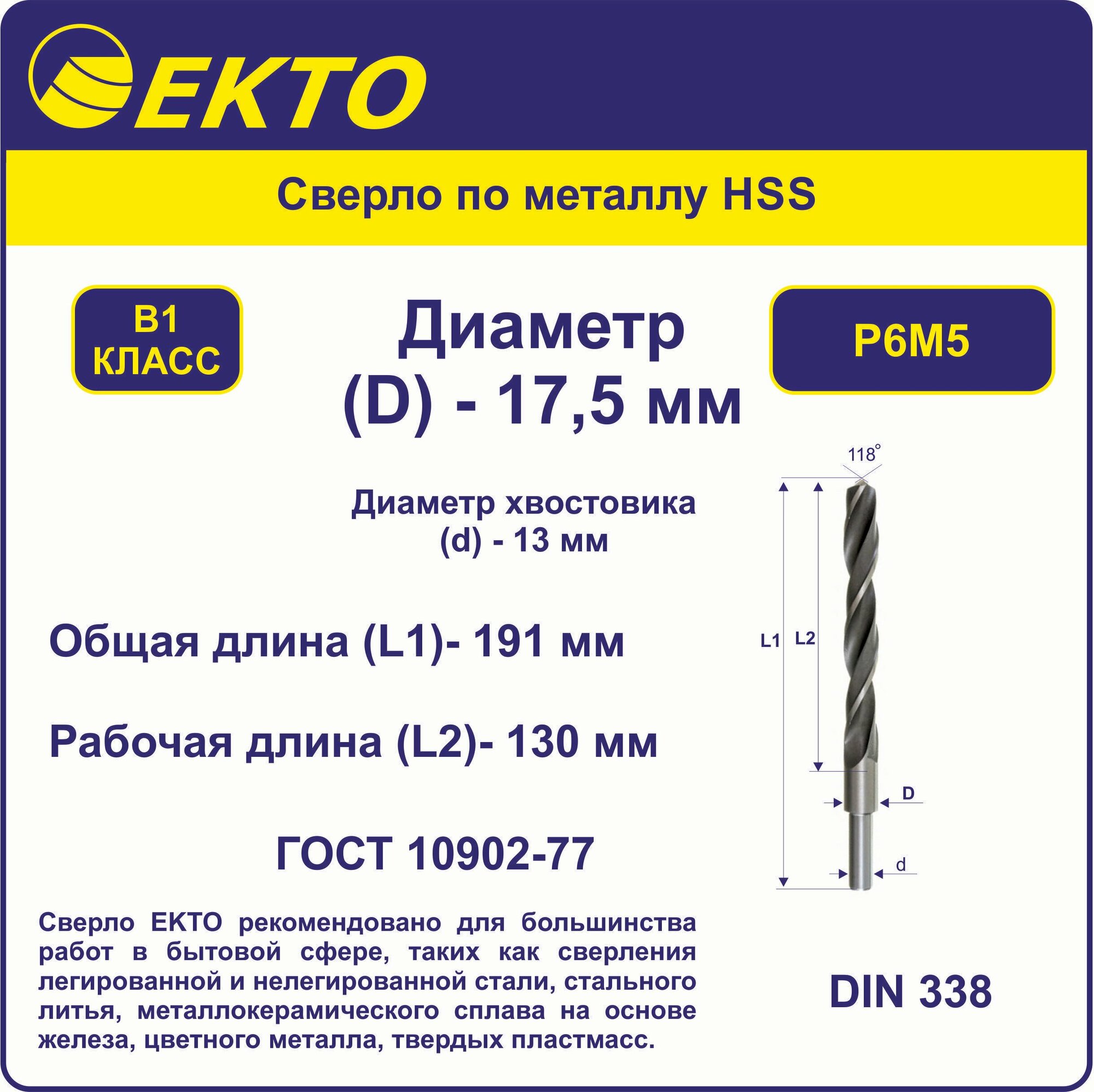 Сверло по металлу HSS 17,5 мм проточенный цилиндрический хвостовик 13,0 мм EKTO