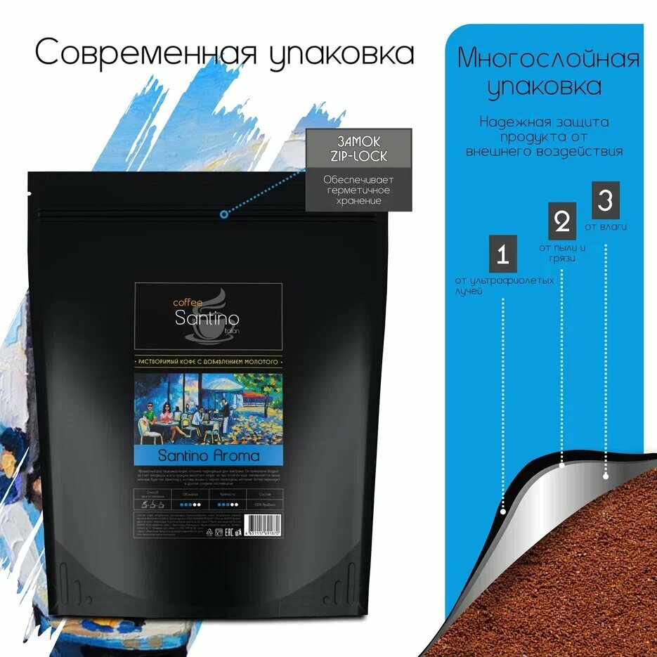 Кофе растворимый 500гр с добавлением натурального жареного молотого кофе Santino Aroma — фото 1