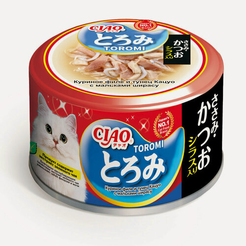 Изображение товара Inaba Ciao Toromi консервы для взрослых кошек с куриным филе, тунцом кацуо и мальками ширасу, в бульоне - 80 г х 24 шт