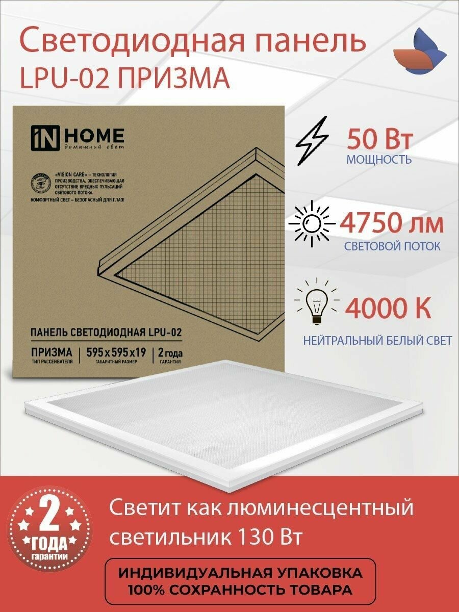 Панель светодиод. Inhome LPU-02 50Вт 4000K белый призма (упак.:4шт) - фото №15