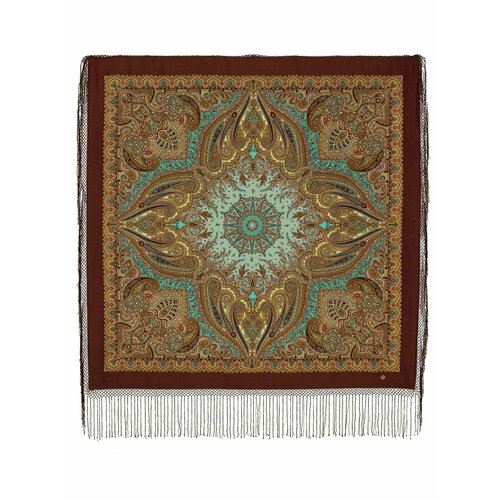 фото Шаль павловопосадская платочная мануфактура, с бахромой, 148х148 см, коричневый, бирюзовый